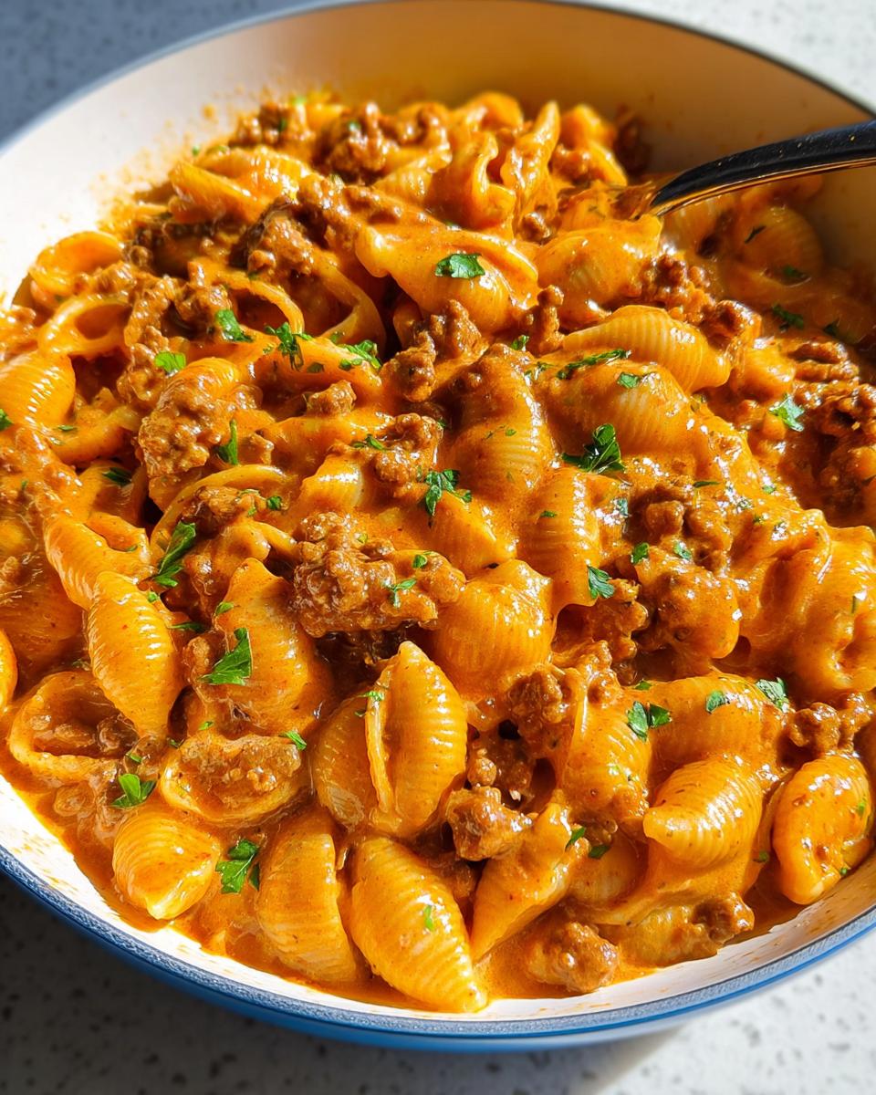 Close-up of shell pasta mixed with ground beef and a rich, orange-hued creamy sauce, garnished with parsley, representing the Creamy Hamburger Skillet.