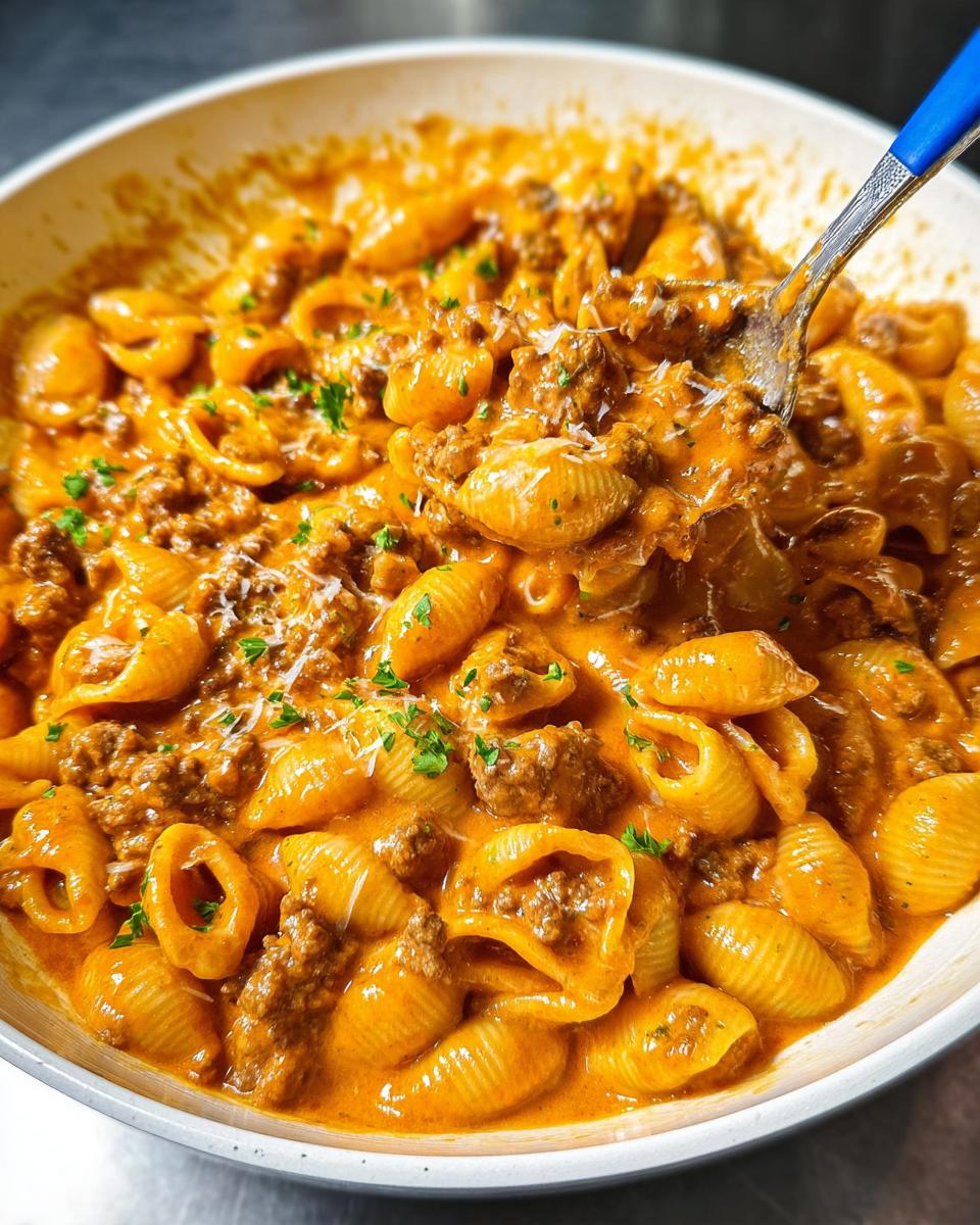 Close-up of a skillet filled with creamy hamburger skillet pasta, featuring shell noodles coated in a rich orange sauce and ground beef.
