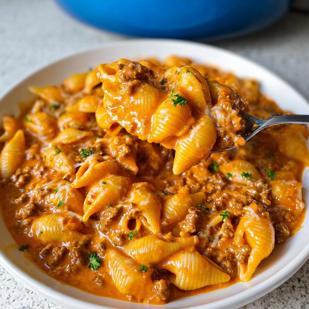 A spoonful of rich, cheesy Creamy Hamburger Skillet mixed with shell pasta and ground beef, lifted from a white bowl.