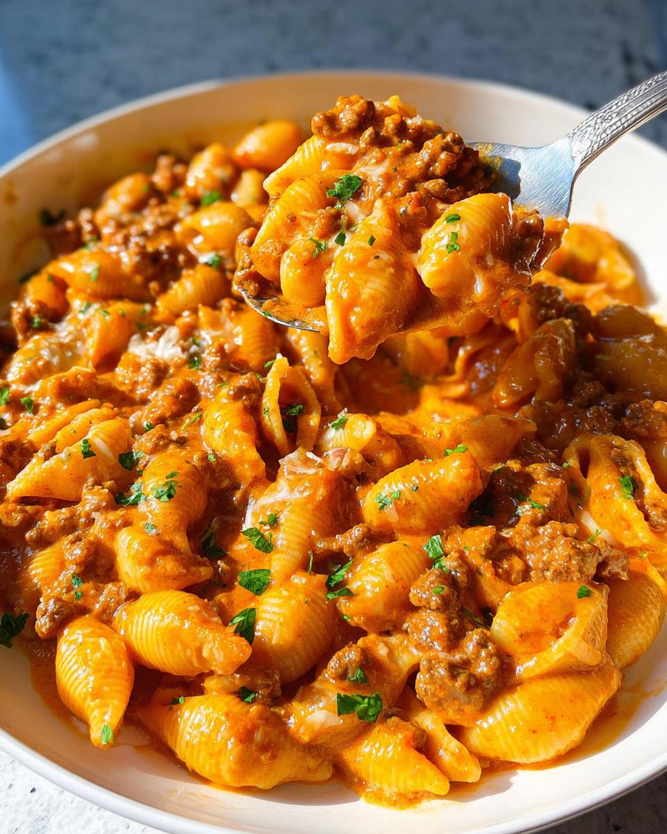 A spoonful of creamy hamburger skillet pasta, featuring shell noodles coated in a rich, orange sauce with ground beef and parsley.