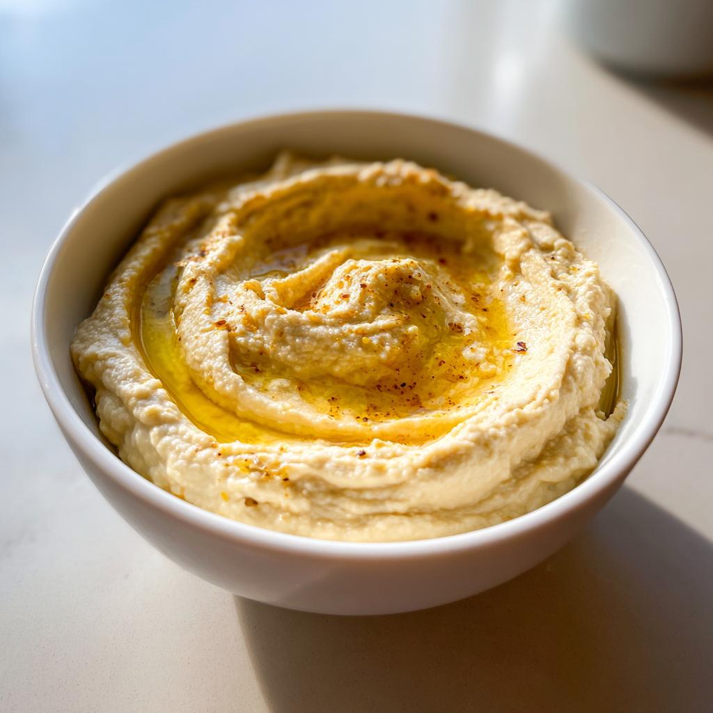 A close-up of creamy Homemade Hummus Recipe swirled in a white bowl, drizzled with olive oil and sprinkled with paprika.