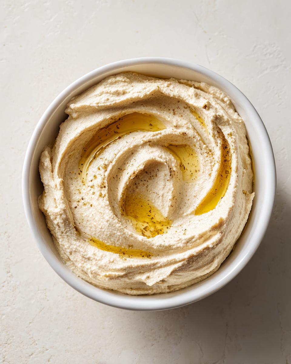 Overhead view of creamy Homemade Hummus Recipe swirled in a white bowl, drizzled with olive oil and spices.