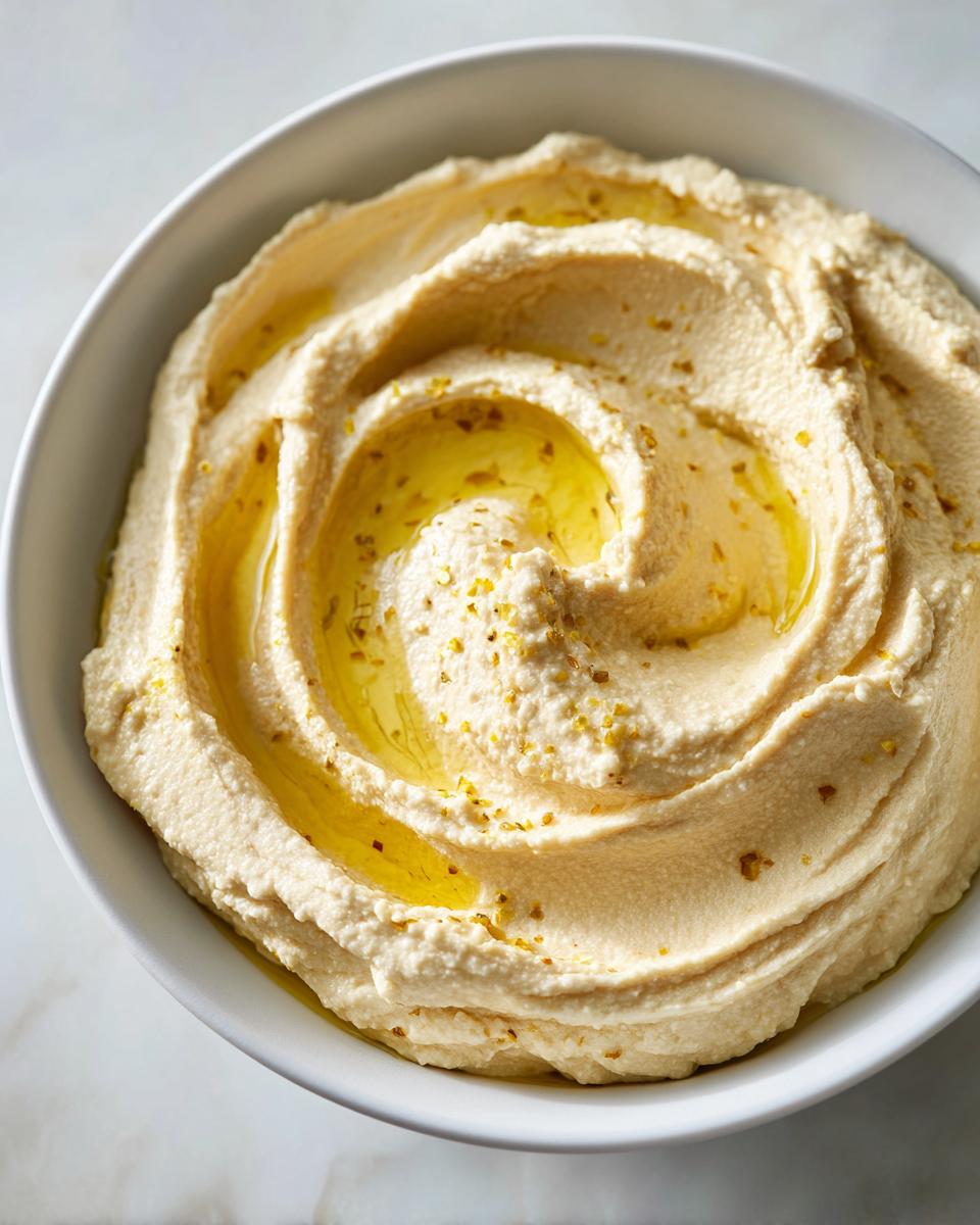 Close-up of creamy Homemade Hummus Recipe swirled in a white bowl, drizzled with olive oil and sprinkled with spices.