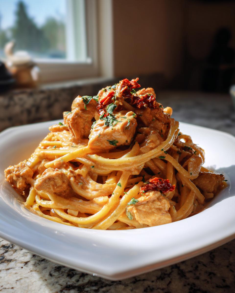 A close-up of Creamy Italian Chicken Pasta with sun-dried tomatoes and parsley in a white bowl.