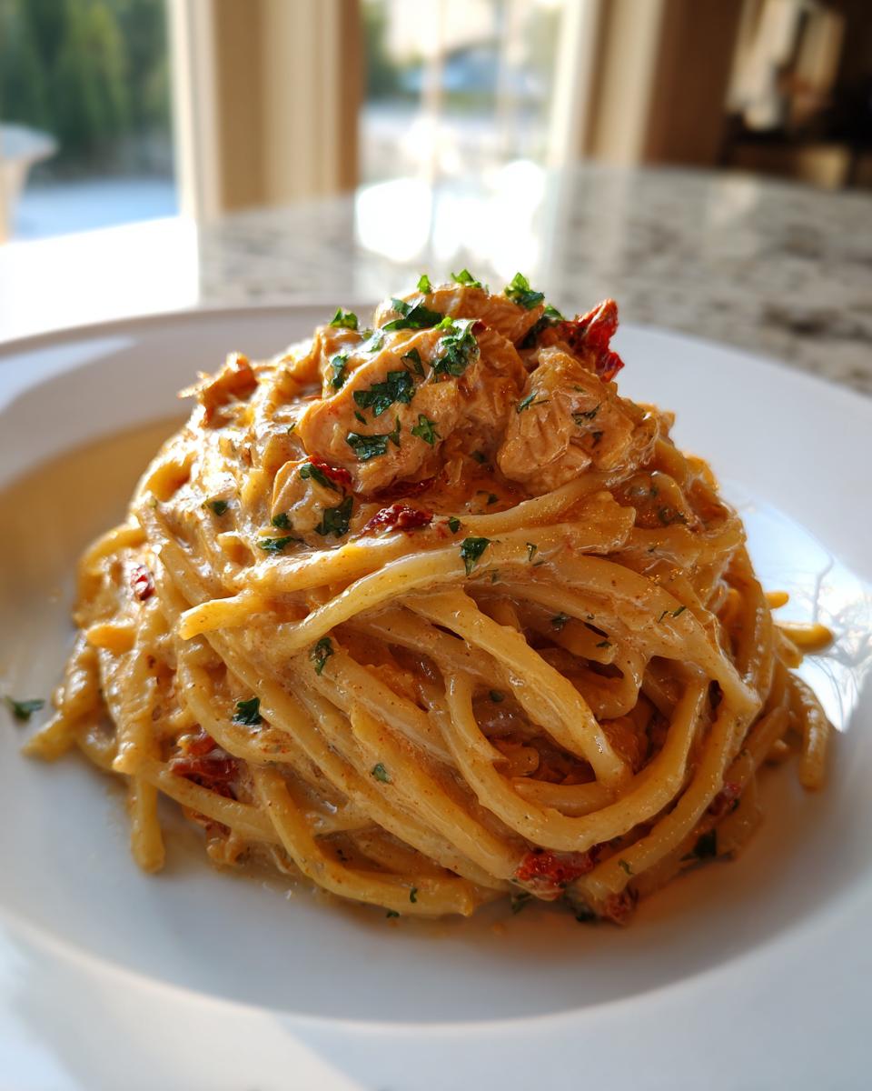 A perfectly twirled serving of Creamy Italian Chicken Pasta with sun-dried tomatoes and parsley garnish.