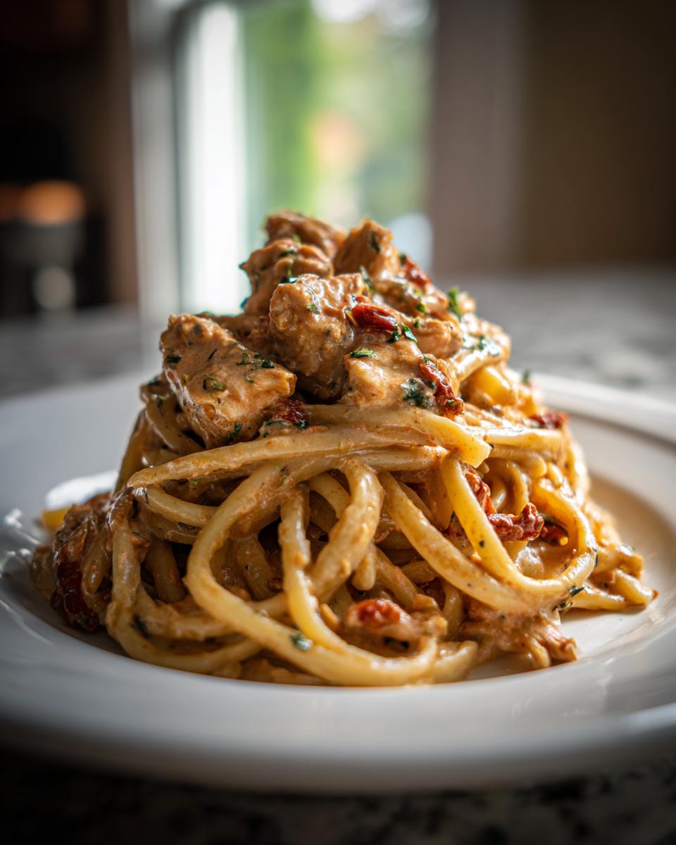 A perfectly plated mound of Creamy Italian Chicken Pasta with sun-dried tomatoes and herbs.