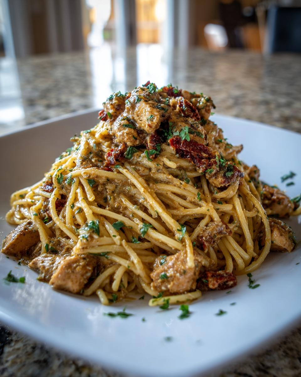 A generous serving of Creamy Italian Chicken Pasta piled high on a white square plate, topped with sun-dried tomatoes and parsley.