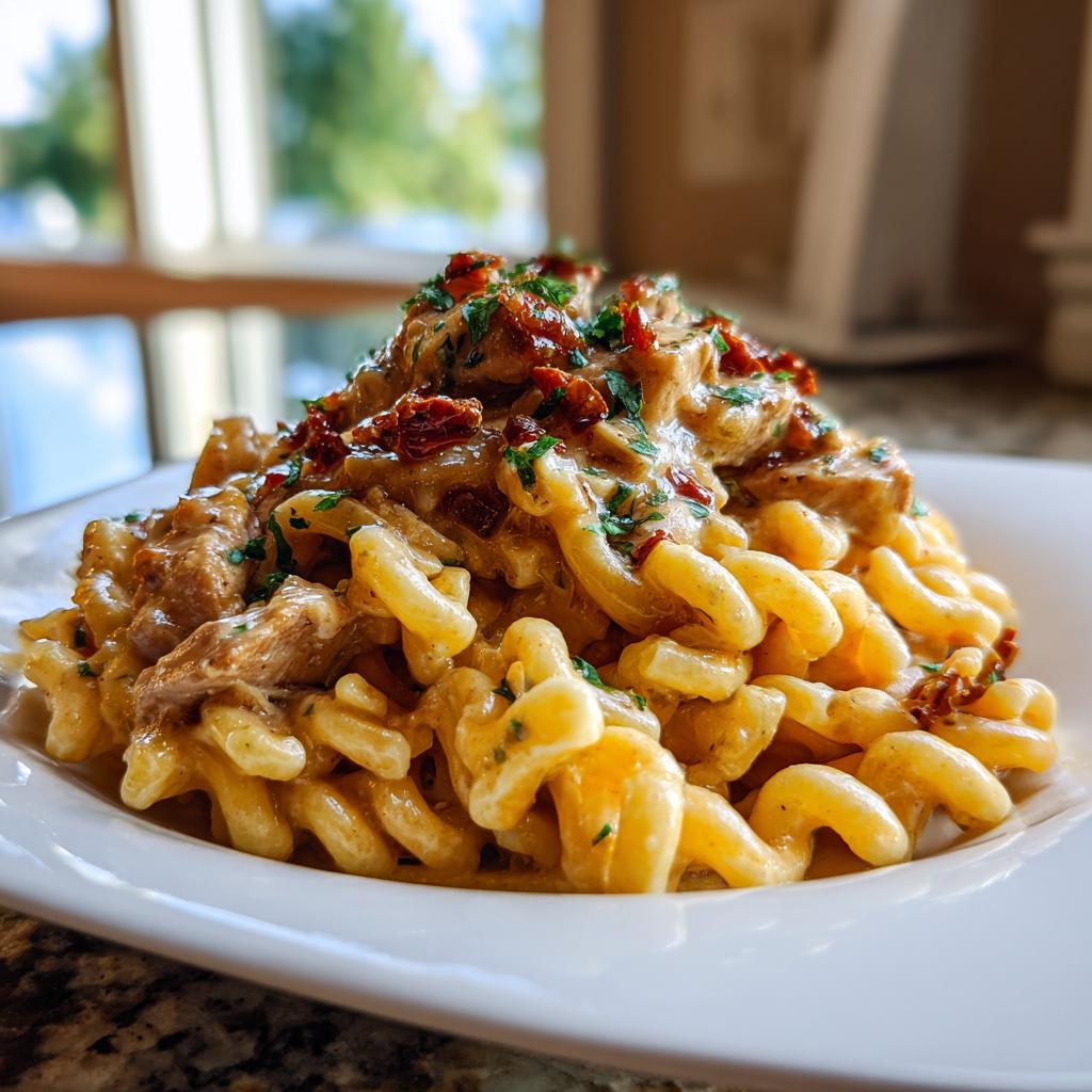A plate piled high with Creamy Italian Chicken Pasta featuring fusilli noodles, chicken pieces, and sun-dried tomatoes.