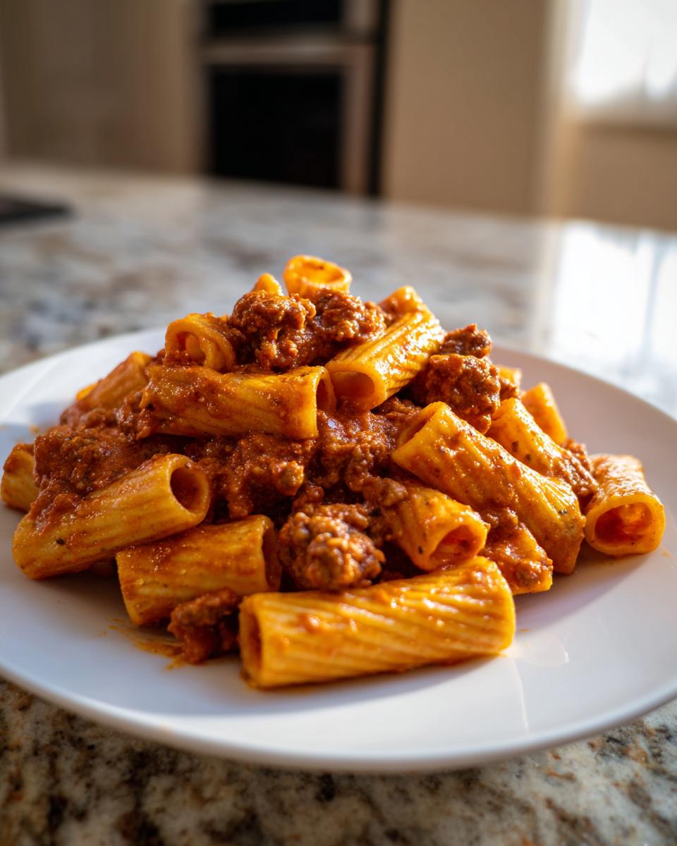 Close-up of a serving of Creamy Italian Sausage Rigatoni Recipe coated in rich, orange-red sauce on a white plate.