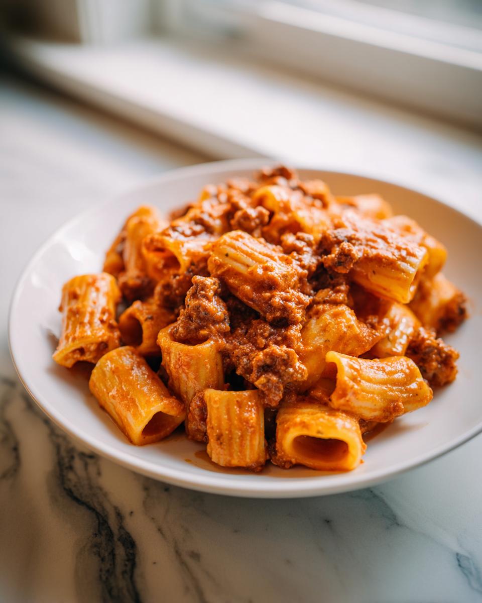 A close-up of creamy Italian Sausage Rigatoni Recipe served in a white bowl on a marble surface.