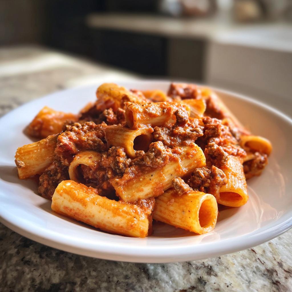 A close-up of hearty rigatoni pasta coated in a rich, creamy Italian sausage sauce, served on a white plate.