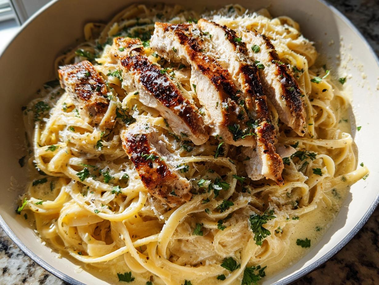 A close-up overhead view of Creamy Lemon Chicken Pasta topped with perfectly sliced, seared chicken breast and grated Parmesan.