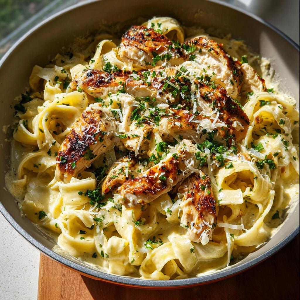 Close-up of Creamy Lemon Chicken Pasta with fettuccine, grilled chicken strips, and parmesan cheese.