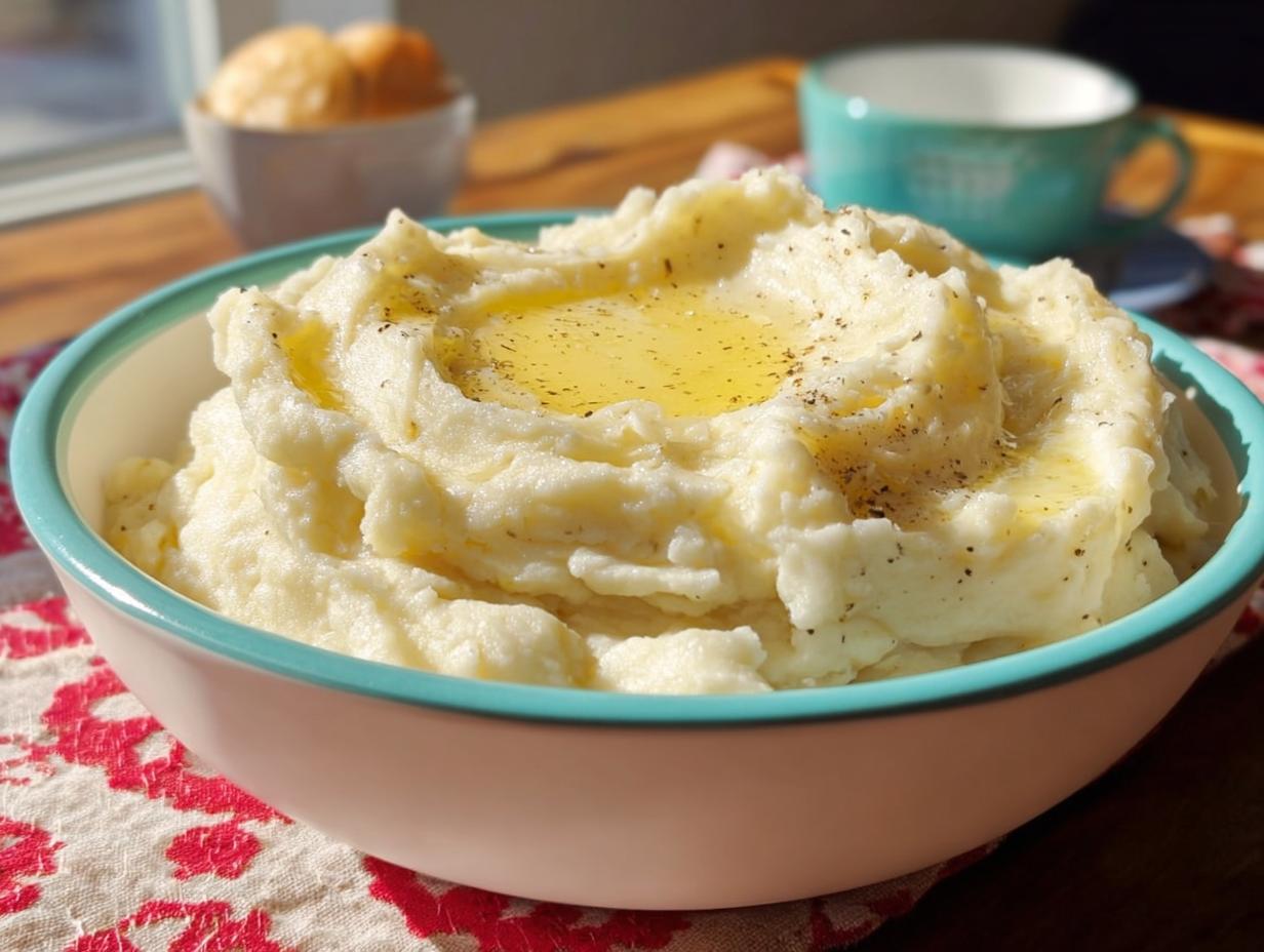 A close-up of a large bowl filled with fluffy Creamy Mashed Potatoes, topped with melted butter and cracked black pepper.