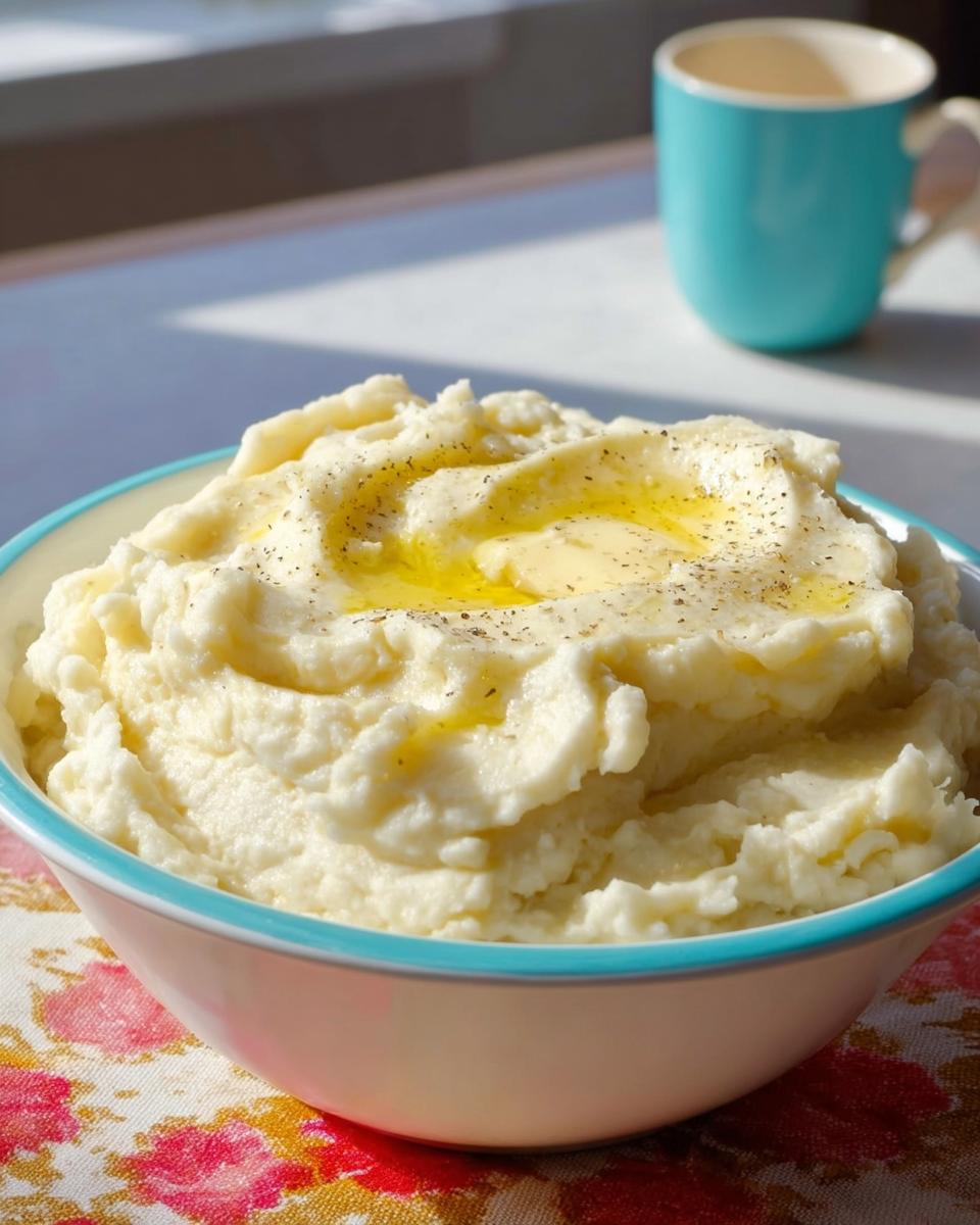 A close-up of a bowl of fluffy Creamy Mashed Potatoes topped with melted butter and black pepper.