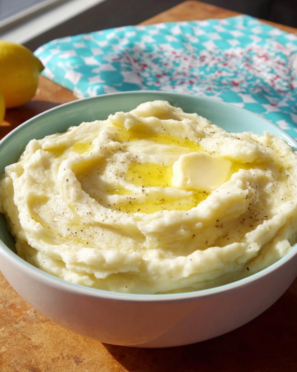 A close-up of fluffy, creamy mashed potatoes topped with melting butter and black pepper in a light blue bowl.