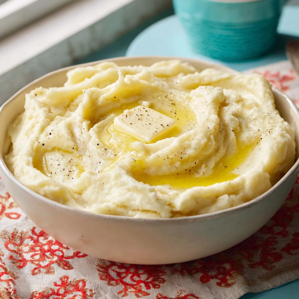 A close-up of a bowl filled with fluffy Creamy Mashed Potatoes topped with a melting pat of butter and cracked black pepper.