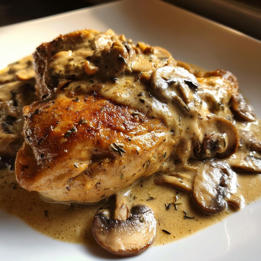Close-up of seared chicken breast smothered in a rich, creamy mushroom sauce, featuring visible sliced mushrooms.