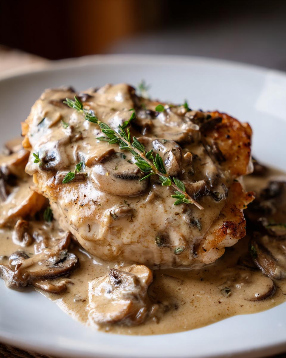A perfectly cooked chicken breast smothered in rich, creamy mushroom sauce, garnished with fresh thyme.
