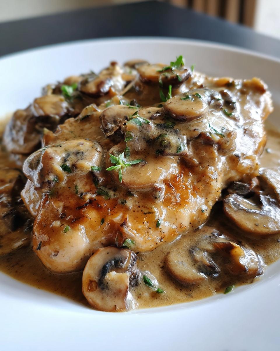 A close-up of a pan-seared chicken breast smothered in a rich, creamy mushroom sauce, garnished with fresh herbs.
