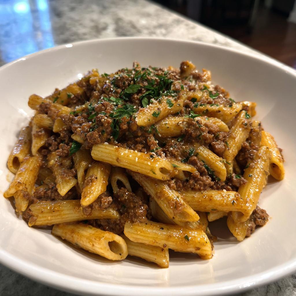 A close-up of creamy one-pot beef pasta with ground beef sauce, garnished with parsley and cheese.