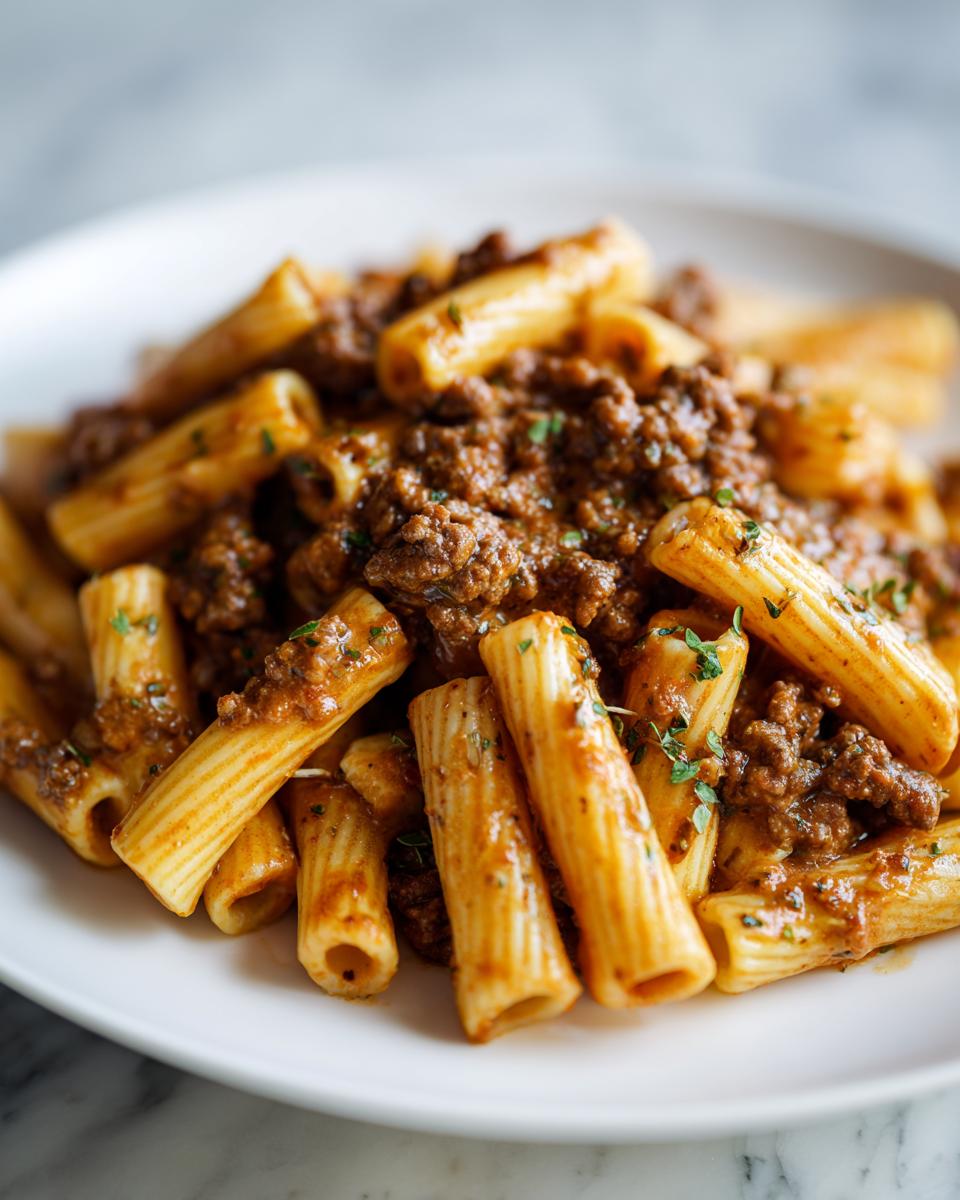 Close-up of creamy one-pot beef pasta with rigatoni noodles and rich ground beef sauce, a perfect ground beef recipe.