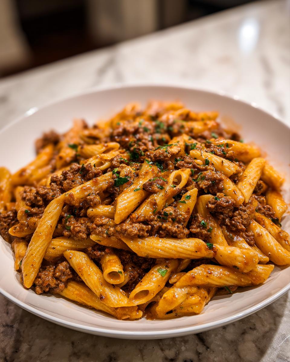 Close-up of creamy one-pot beef pasta featuring penne noodles coated in a rich sauce with ground beef.