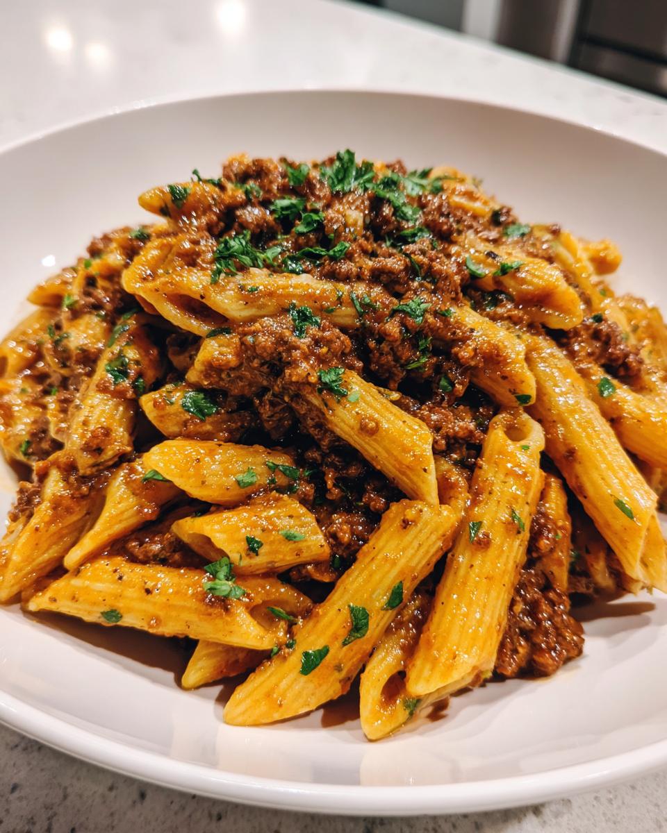 Close-up of creamy one-pot beef pasta with penne, rich meat sauce, and parsley garnish.