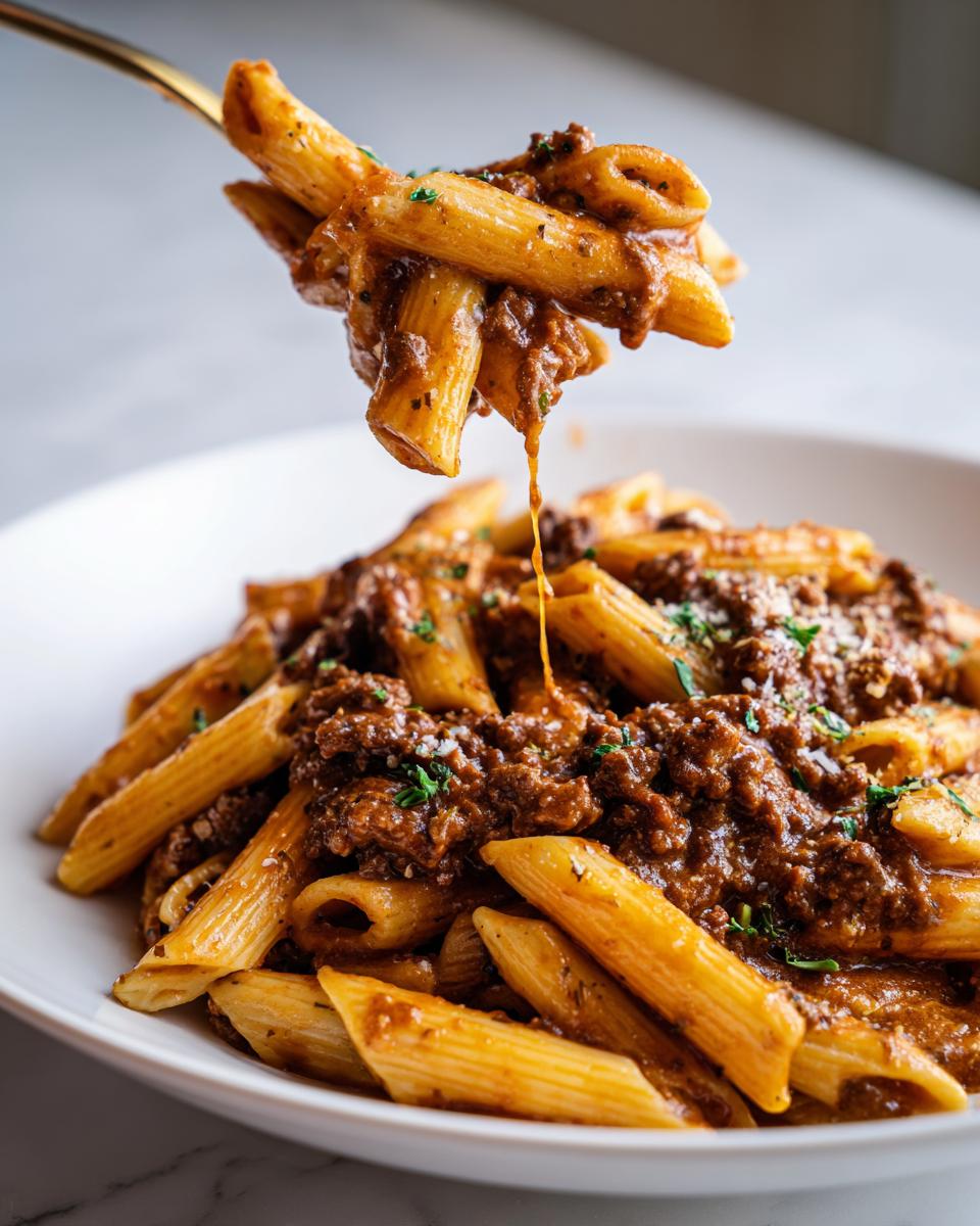 A fork lifting penne pasta coated in creamy ground beef sauce from a bowl of Creamy One-Pot Beef Pasta with Garlic Butter.