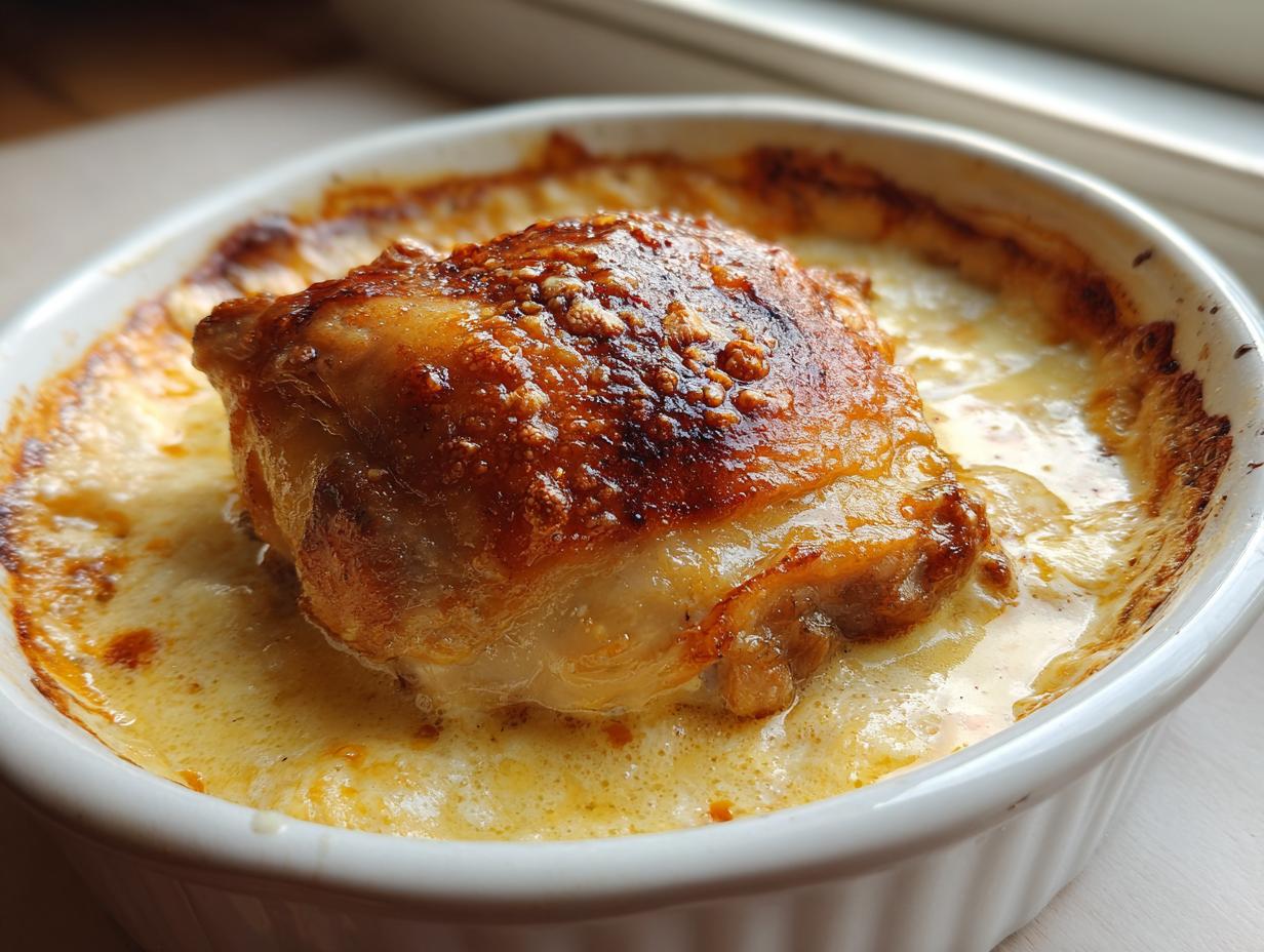 Close-up of a single Creamy Oven Baked Chicken Thigh in a white ramekin with bubbly sauce.