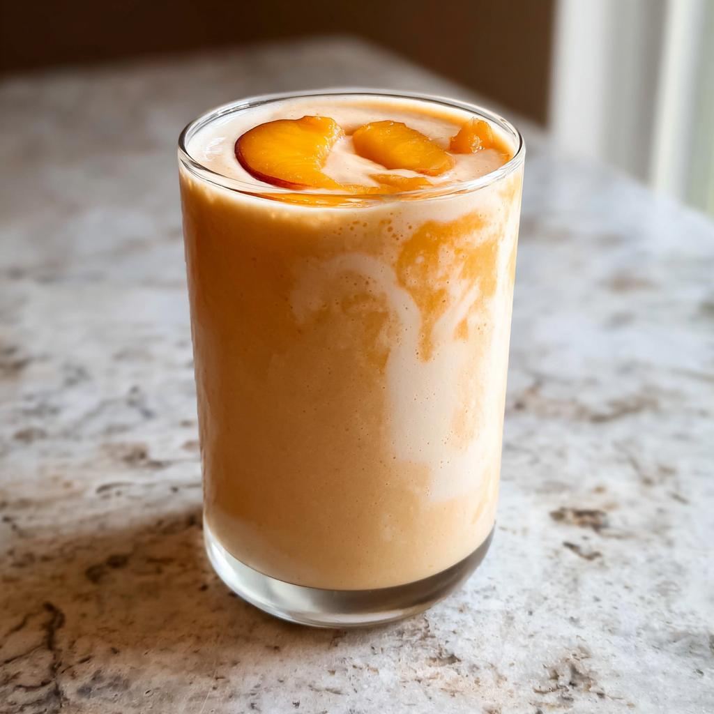 A tall glass filled with a thick, creamy Peach Yogurt Smoothie, topped with peach slices.