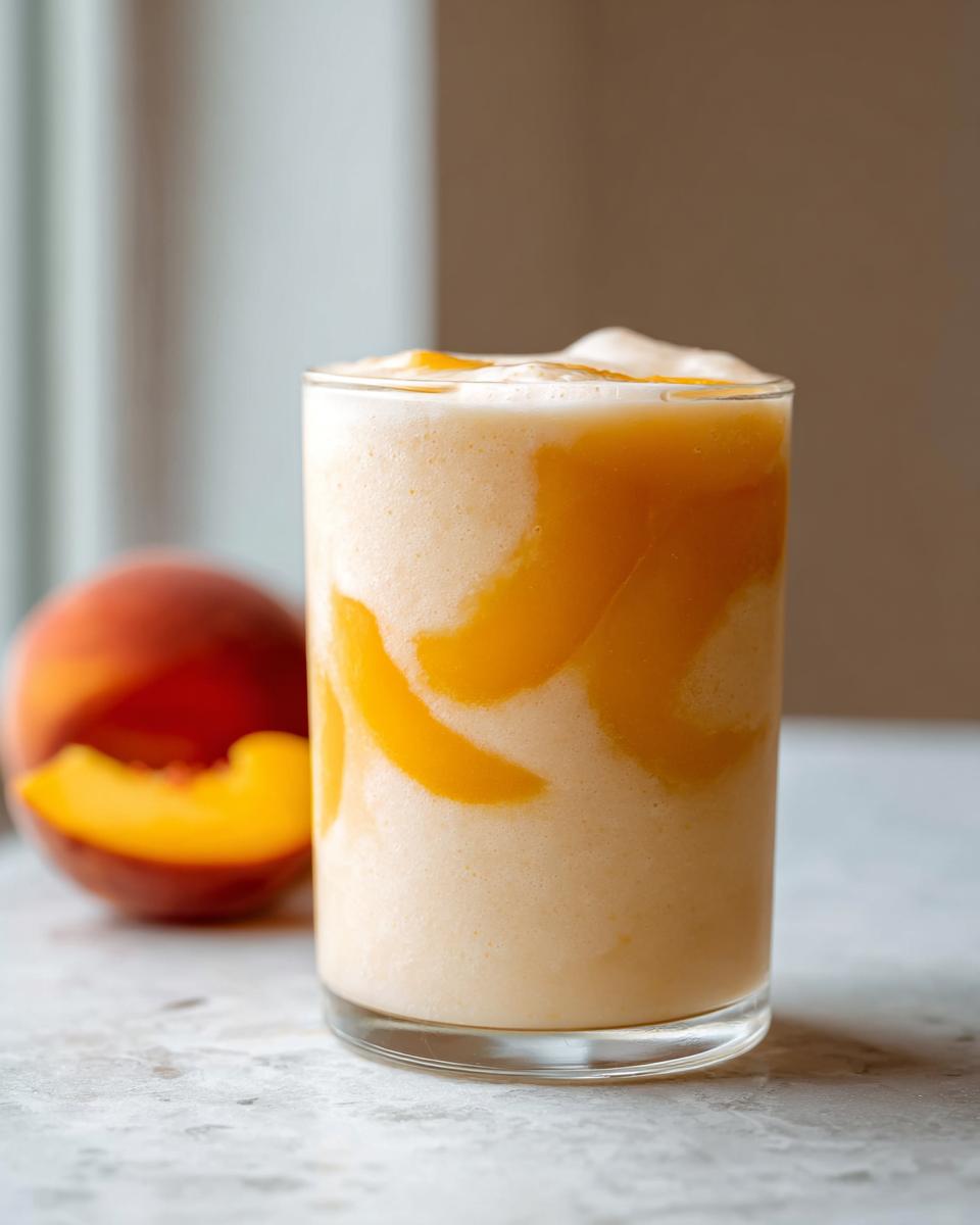 A tall glass filled with a thick, creamy Peach Yogurt Smoothie swirled with bright orange peach slices.