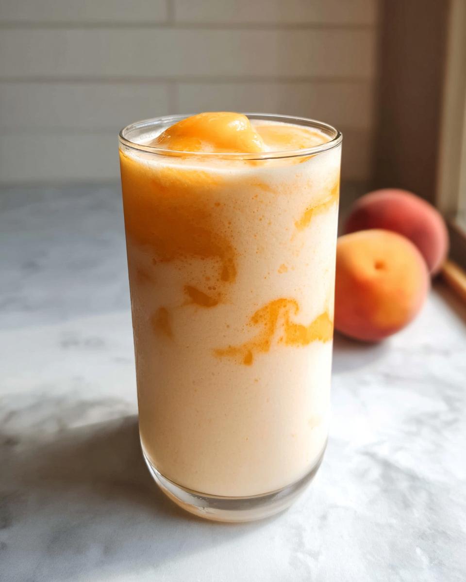 A tall glass filled with a creamy Peach Yogurt Smoothie, showing swirls of orange peach puree against the pale base.