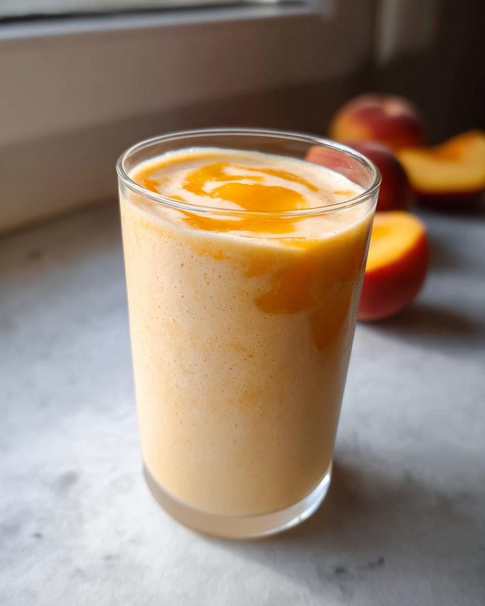 A tall glass filled with a creamy Peach Yogurt Smoothie, topped with a swirl of peach puree, with fresh peaches blurred in the background.