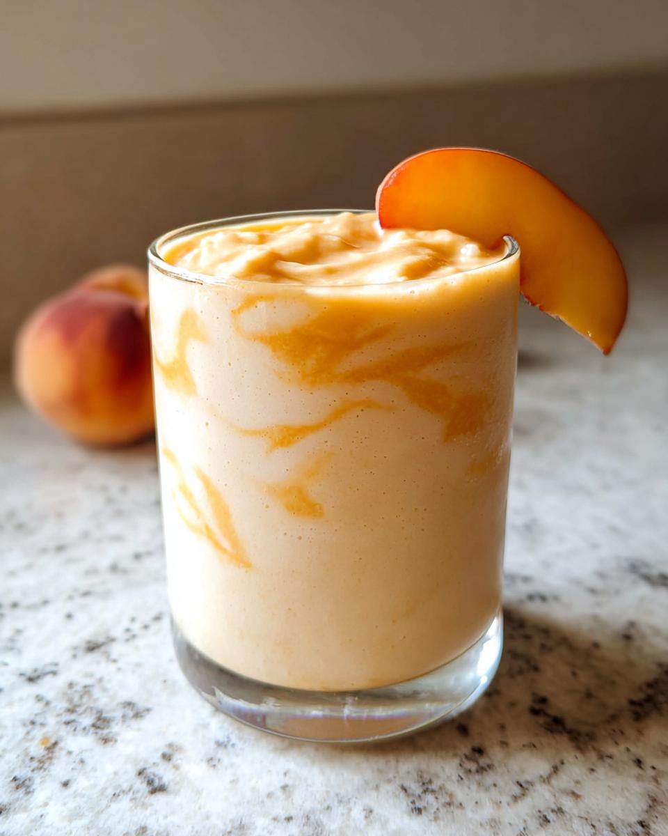 A creamy Peach Yogurt Smoothie swirled with peach puree in a glass, garnished with a fresh peach slice.