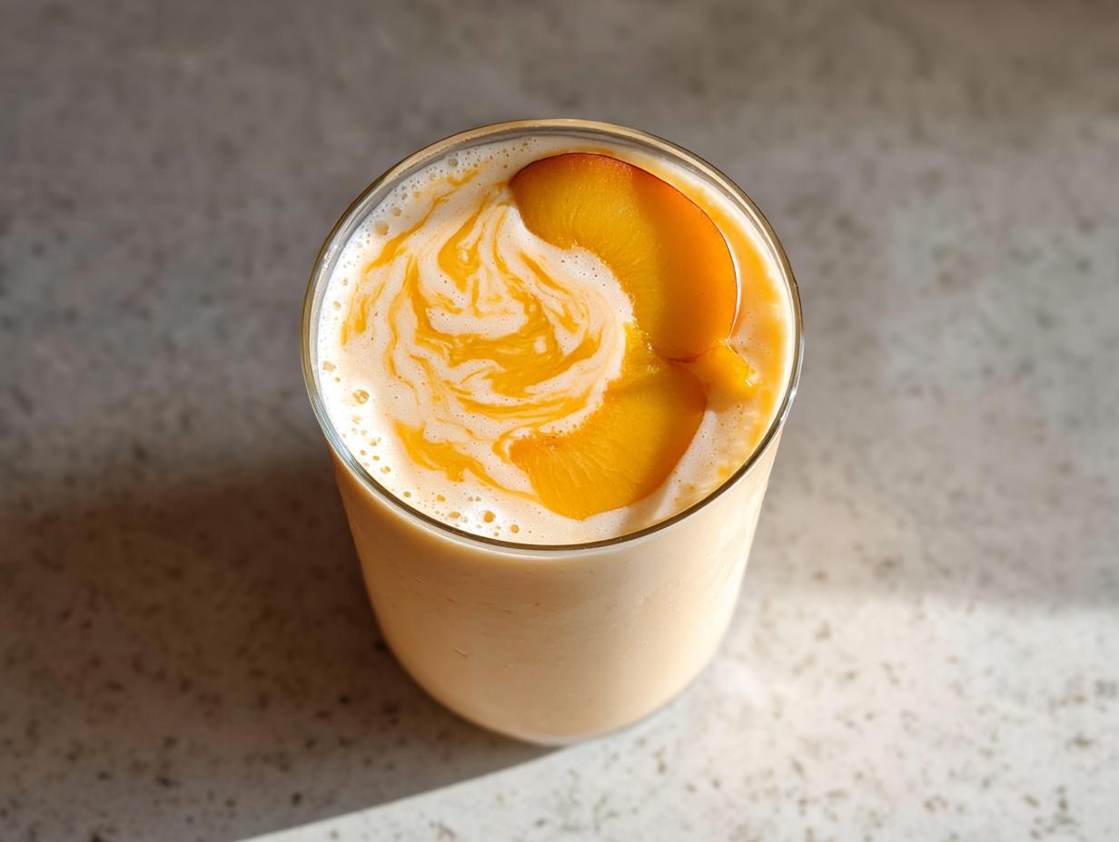 Overhead view of a creamy Peach Yogurt Smoothie topped with a peach slice and yogurt swirl.