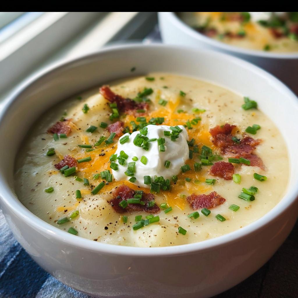 Close-up of a bowl of creamy Potato Soup topped with sour cream, shredded cheddar, bacon bits, and fresh chives.