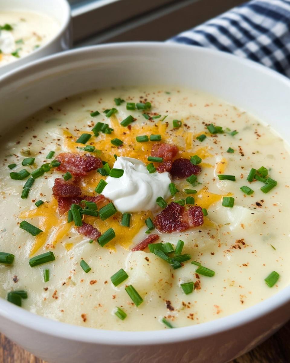 Close-up of a bowl of creamy Potato Soup topped with shredded cheddar, bacon bits, sour cream, and fresh chives.
