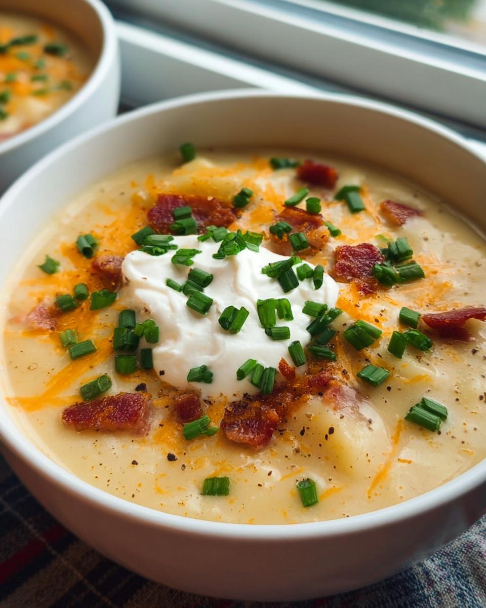 Close-up of a bowl of creamy Potato Soup topped with sour cream, shredded cheese, bacon bits, and fresh chives.