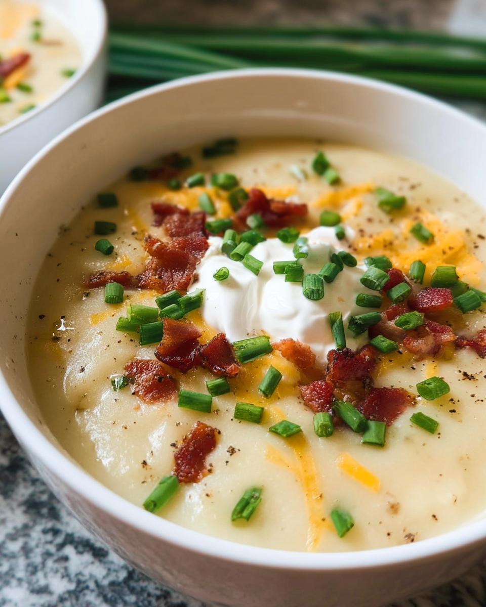 A close-up of creamy Potato Soup topped with sour cream, bacon bits, shredded cheese, and fresh chives.