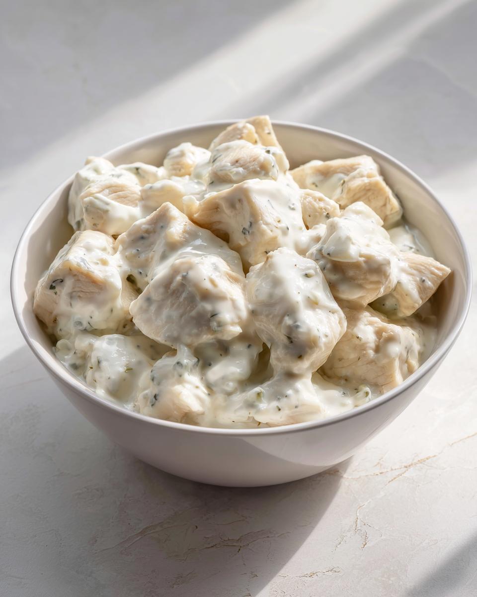 Cubes of chicken coated in a thick, creamy ranch sauce, ready for the Easy Creamy Ranch Chicken Recipe.