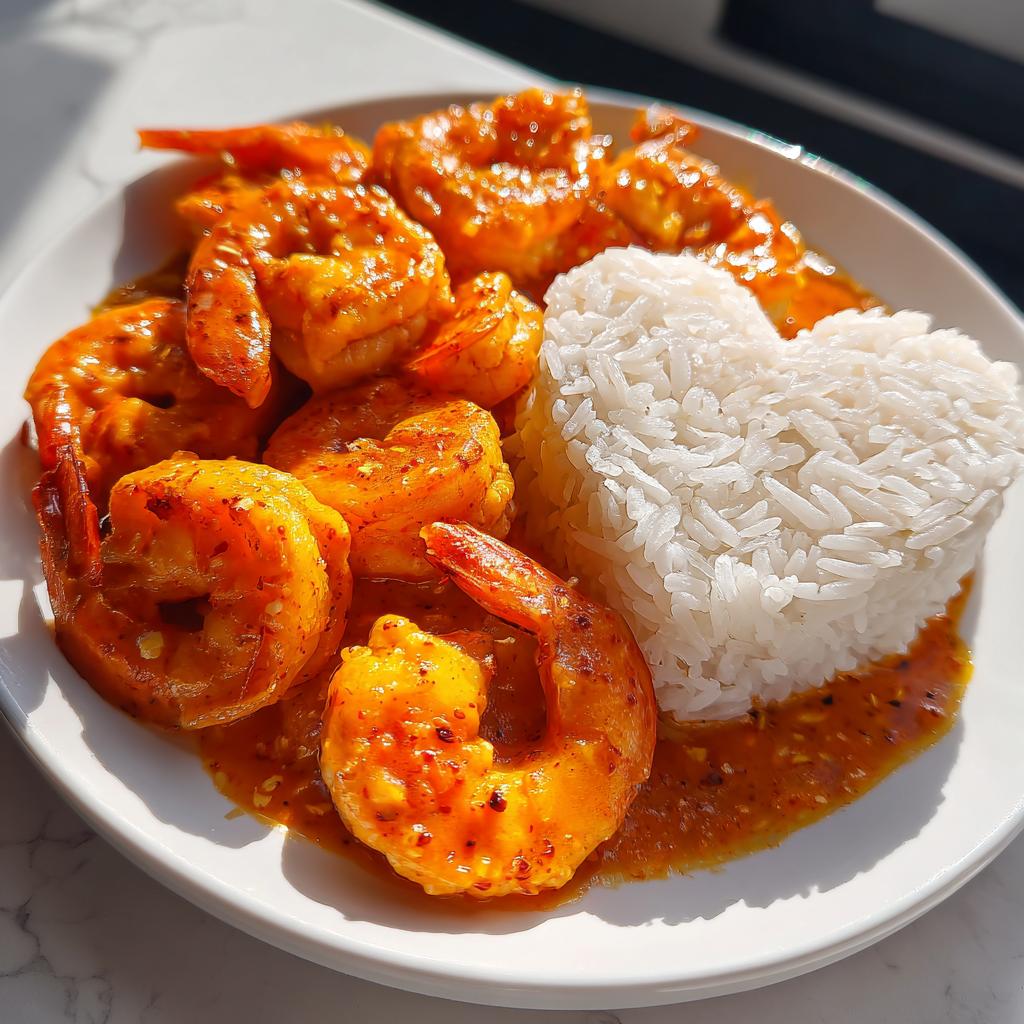 Plated Creamy Shrimp in Spicy Garlic Sauce next to heart-shaped rice on a white dish.