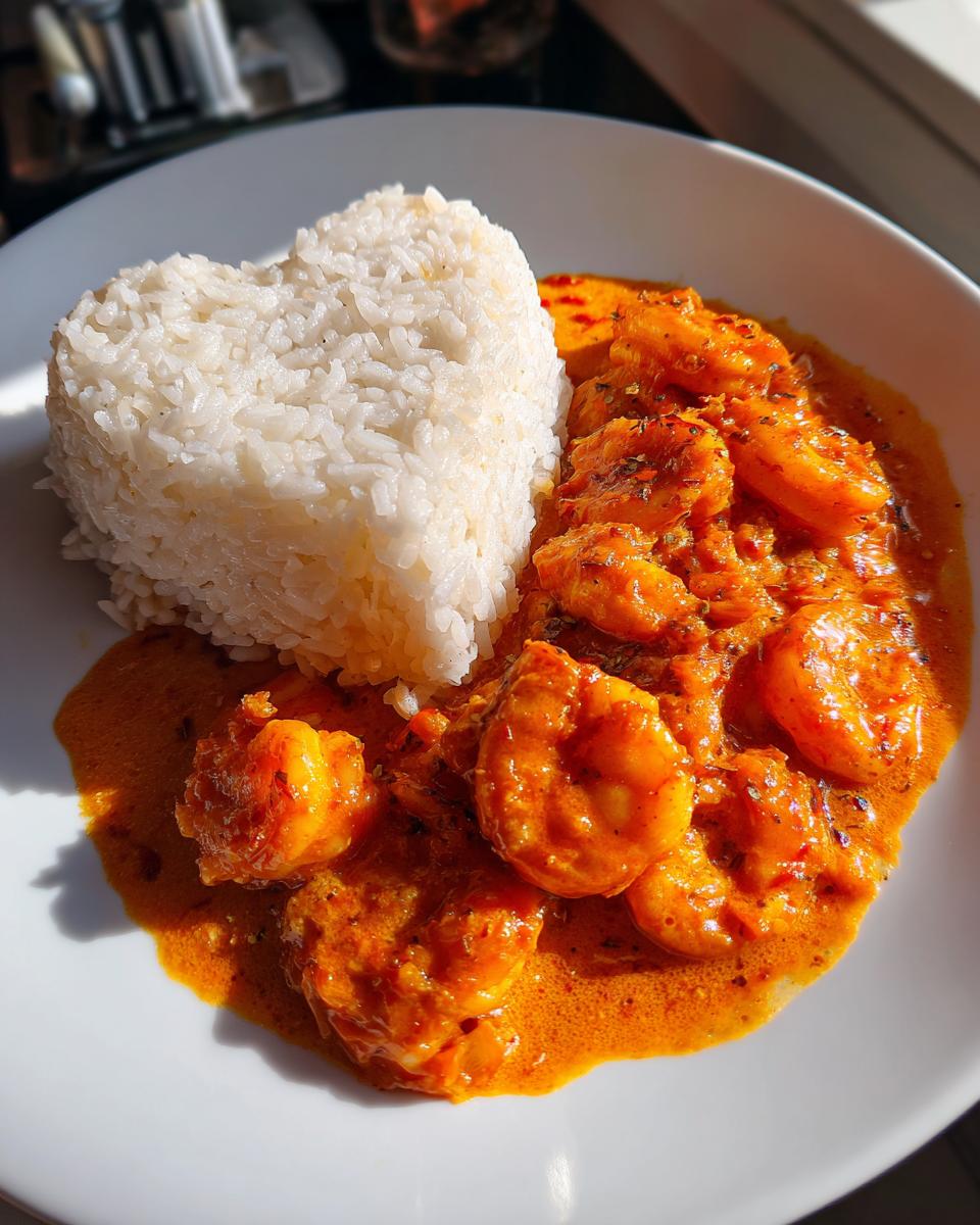 Creamy Shrimp in Spicy Garlic Sauce served next to a portion of white rice shaped like a heart.