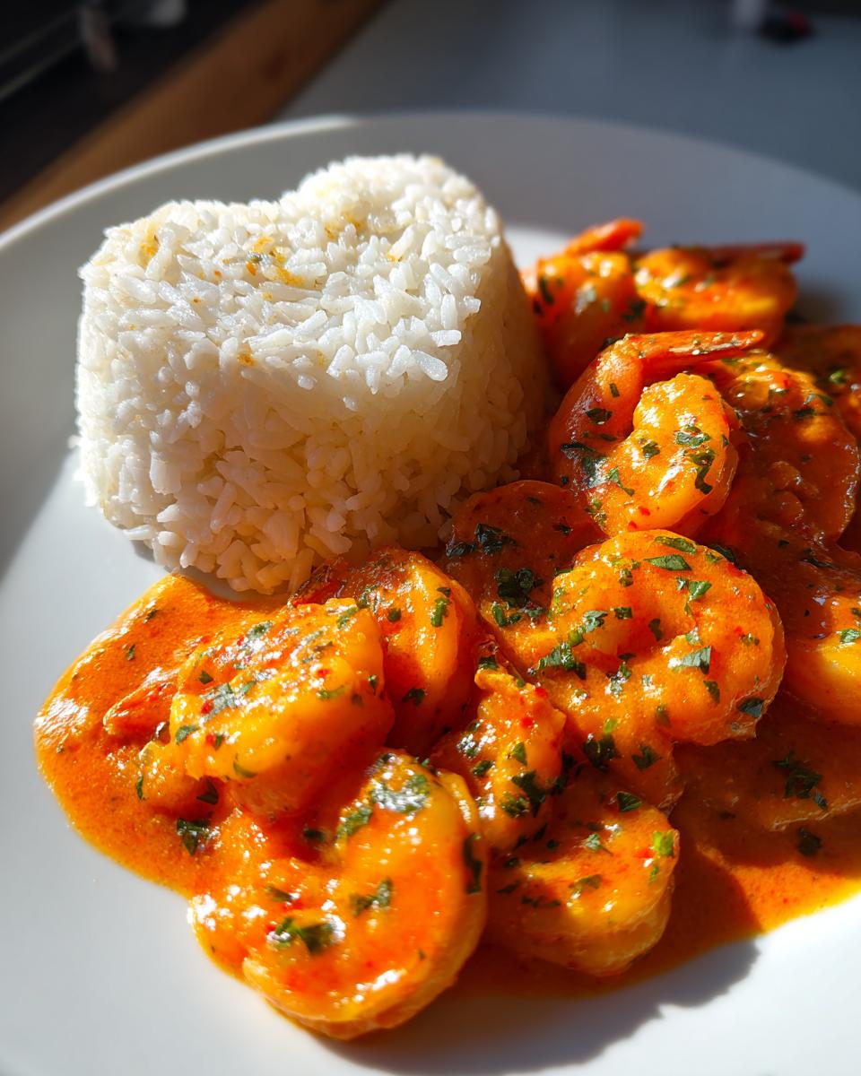 Plated Creamy Shrimp in Spicy Garlic Sauce served next to a heart-shaped mound of white rice.