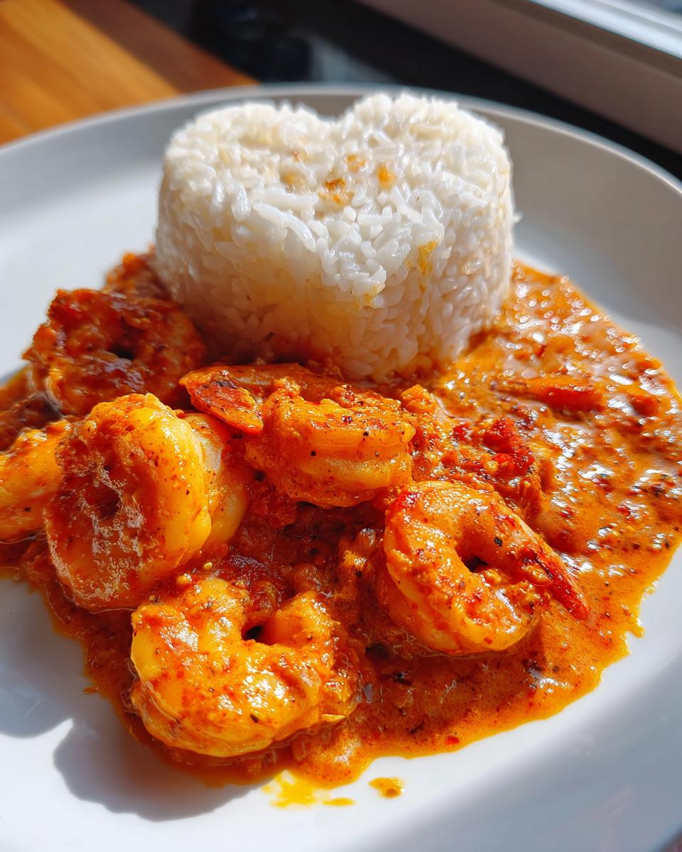 Plated Creamy Shrimp in Spicy Garlic Sauce next to a mound of heart-shaped rice.