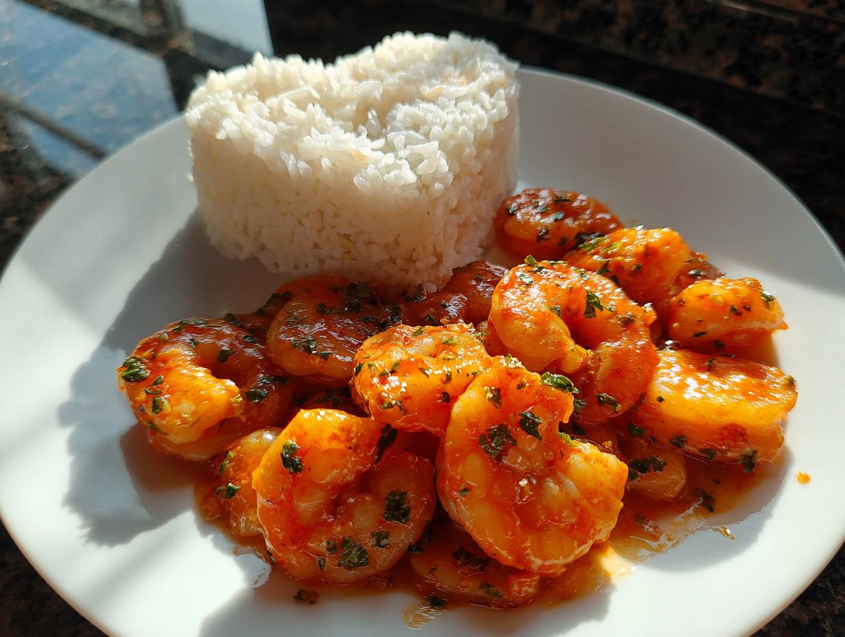 Plated Creamy Shrimp in Spicy Garlic Sauce next to a portion of heart-shaped white rice.