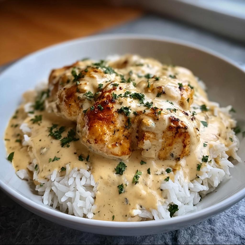 Close-up of Creamy Smothered Chicken and Rice served in a white bowl, topped with parsley.