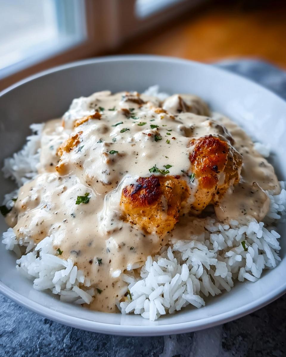 Close-up of Creamy Smothered Chicken and Rice, featuring golden chicken smothered in a rich, seasoned cream sauce over white rice.