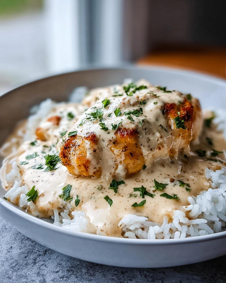 A perfectly cooked chicken breast smothered in creamy sauce served over white rice, part of the Creamy Smothered Chicken and Rice Recipe.
