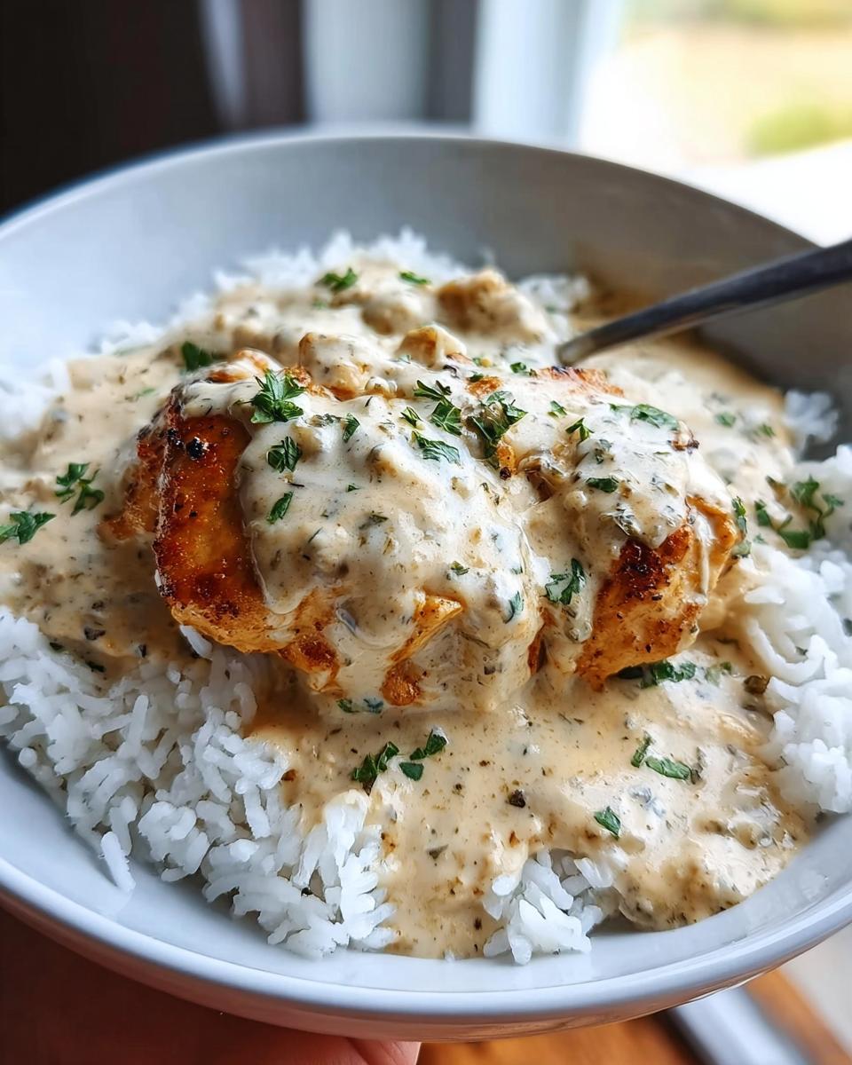 Close-up of a serving of Creamy Smothered Chicken and Rice, topped with herbs.